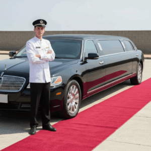 Chauffeur standing beside a black limousine with a red carpet laid out.