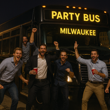 Passengers standing beside a Milwaukee party bus before a nighttime group transportation ride.