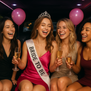 Milwaukee bachelorette party inside luxury limousine with champagne, pink décor, and bride‑to‑be sash.