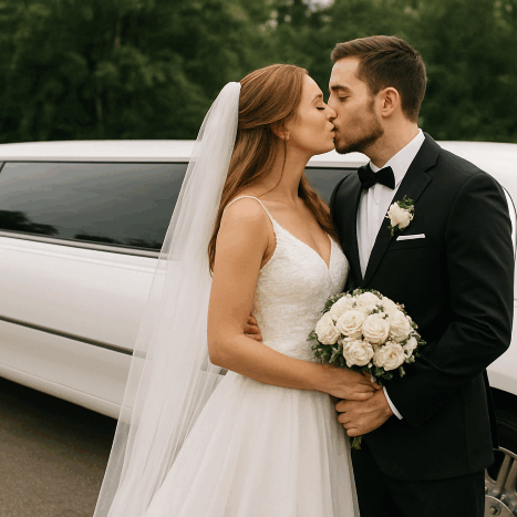 Milwaukee wedding couple kissing beside white stretch limousine from Churchill Luxurious Limousine Service.