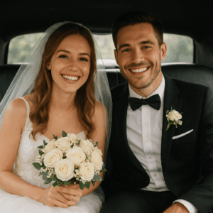 Bride and groom sitting together inside a limousine holding a wedding bouquet.