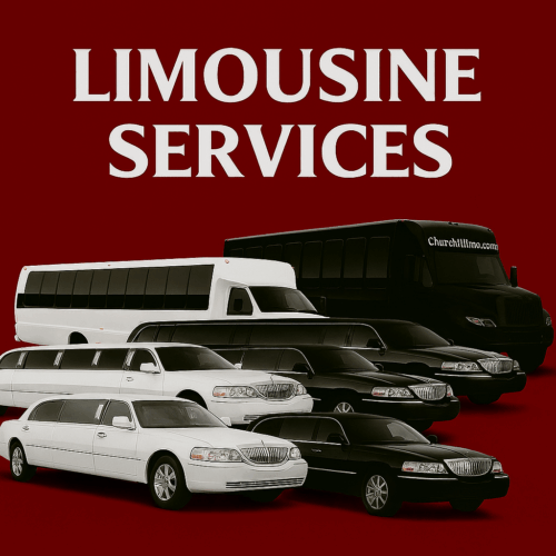 Promotional graphic showing multiple Churchill limousines, party buses, and coaches on a red background.