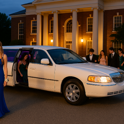 Group in formal attire arriving in a white stretch limousine at an elegant Milwaukee event venue.
