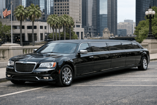 Black stretch limousine parked on a city street with tall buildings and palm trees in the background.