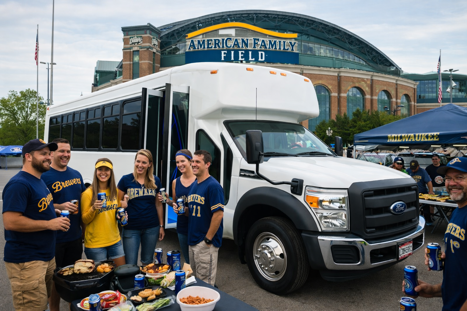 White party bus parked outside American Family Field in Milwaukee with Brewers fans tailgating nearby.