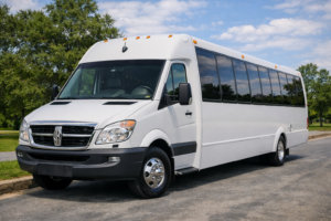 White passenger shuttle bus parked outdoors near trees in Milwaukee