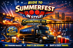 Promotional graphic for Churchill III Limousine Service, Inc. showing a black party bus with blue LED lights, Milwaukee skyline, Summerfest stage, and text “Ride to Summerfest in Style.” Includes gold and blue branding, music notes, and festival imagery.