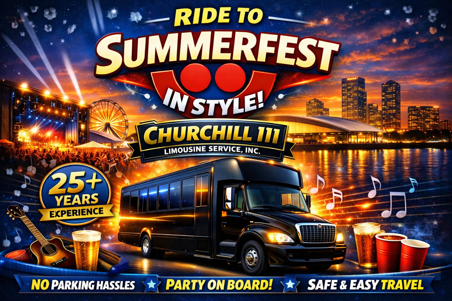 Promotional graphic for Churchill III Limousine Service, Inc. showing a black party bus with blue LED lights, Milwaukee skyline, Summerfest stage, and text “Ride to Summerfest in Style.” Includes gold and blue branding, music notes, and festival imagery.