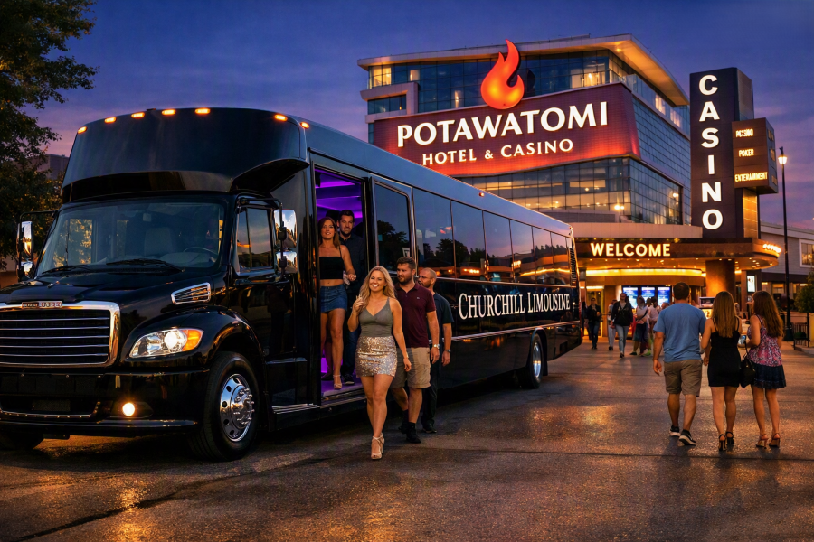 Black Churchill Limousine party bus dropping off guests at Potawatomi Hotel and Casino at night.